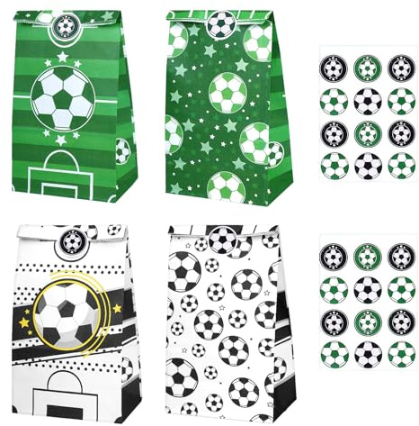 12 Stück Fußball Papiertüten Geschenktüten, Fussball Mitgebsel Jungen | Kindergeburtstag Party Tüten mit 18 Aufkleber 4 Muster für Kinder Halloween Geburtstag Fußball Motto Party