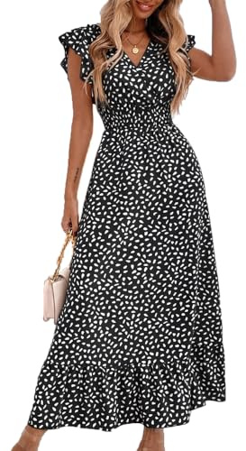 BSLVWG Womens Maxi Dress Ruffle Petal Short Sleeve V Neck Floral Flowy Summer Beach Holiday Sundress Casual Elastic High Waist Long Dress (UK, Alpha, M, Regular, Regular, Black)
