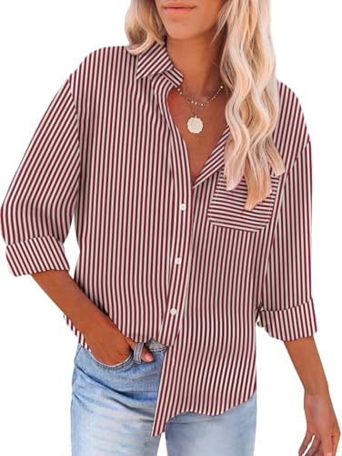 YUTILA Camicetta da donna a righe scollo a V camicia cotone maniche lunghe casual con tasca sul petto, Colore: rosso, L