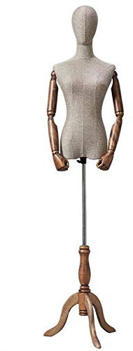 Schaufensterpuppe, weiblicher Torso, Oberteil, Halbkörper, Schneiderpuppe, brauner Torso mit verstellbarem Dreibeinständer aus Holz zur Präsentation (ohne Arme, L)