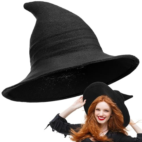 Boyiee Chapeau de Sorcière en Tricot Large Côté Pliable Chapeau Pointu en Feutre pour Femme Halloween Cosplay Costume Mascarade Accessoire(56-58 cm,Noir,1 pièce)