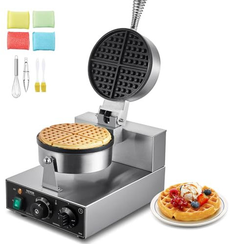 VEVOR Gaufrier Commercial 1230 W, Appareil à Gaufre Ronde en Acier Inoxydable, Machine à Gaufre Antiadhésive, avec Contrôle de la Température et du Temps, pour Restaurant Boulangerie Snack Bar