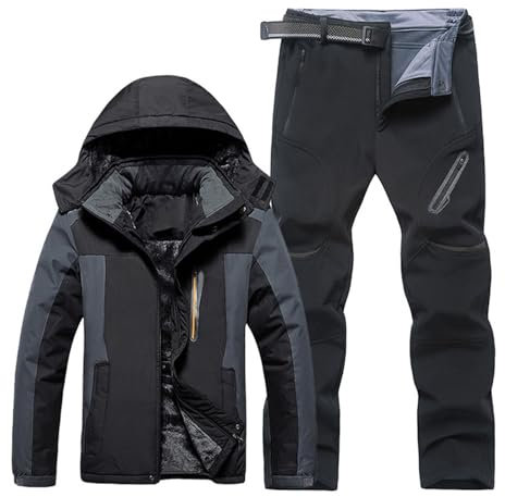 Herren Skijacke und Hose Set - Wasserdicht Isolierter Winteranzug Atmungsaktive Snowboardausrüstung Verstellbare Kapuze Herren Schnee Set Winddicht Winter Outfit, Schwarz , 95