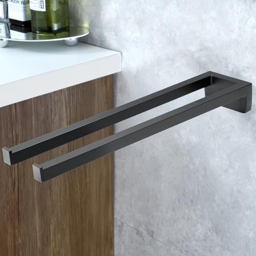 Auralum Handtuchhalter Schwarz 40 cm Edelstahl Wandmontage, 180° Drehbar und Klappbar, Doppelstange Zweiarmig für Bad & Dusche, mit Montagezubehör (Schwarz-2-in-1)