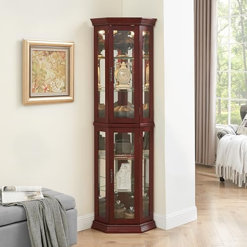 Anveffeg Lighted Corner Curio Cabinet, 69.75 Tall Corner Display Cabinet with Adjustable Tempered Glass Shelves, Mirrored Back, Lockable Door, Cherry Finish for Collectibles & China