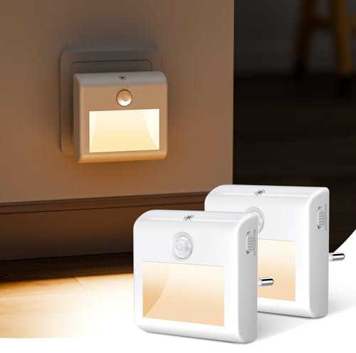 [2 Pezzi] Luce Notturna LED con Sensori di Movimento e Crepuscolare, Bianco Caldo, Luminosità Regolabile, Modalità AUTO/ON/OFF, Luci Notturne Bambini da Presa per Corridoio, Scale, Camera da Letto