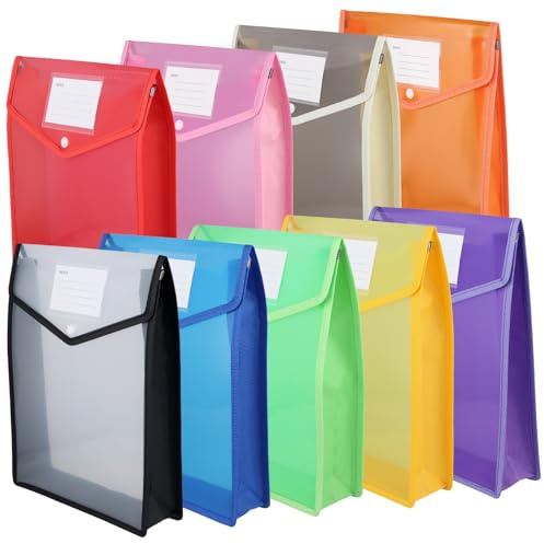 Sinjeun 9 stycken dokumentpåsar A4, dokumentmapp plast transparent, 9 färger transparent samlarmapp mappar för hem, 33 x 25 x 6 cm, kontor, vit, blå, grön, gul, lila, röd, rosa, grå,