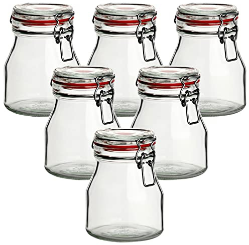 gouveo 6er Set Vorratsgläser 750 ml rund mit Bügelverschluss rot - Bügelgläser aus Glas mit Drahtbügelverschluss - Aufbewahrungsgläser mit luftdichtem Deckel