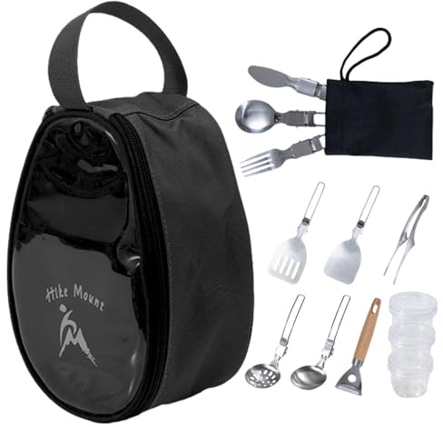 Ensemble d'ustensiles de Cuisine de Camping - 11 pièces - Ustensiles de Cuisine et de Barbecue - Sac de Rangement Pliable pour Accessoires de Camping potables - Batterie de Cuisine pour la randonnée