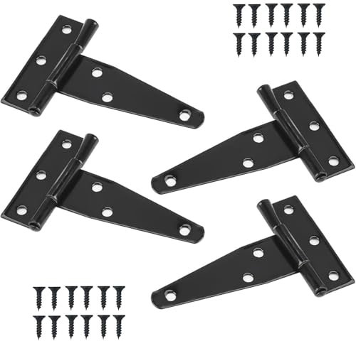 YXL 4 Pack Shed Door Hinges with 24Pcs Screws, Heavy Duty Gate Hinges, T Hinges, Black Door Hinges for Sheds, Windows, Fence, Barn Gates Supplies