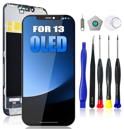 Dinow écran pour iPhone 13 OLED, 6,1 écran Tactile de Remplacement, LCD écran pour iPhone 13 Digitizer Frame Assembly avec Full-HD 3D Touch + Tool Kit (A2482/ A2631/ A2634/ A2635/ A2633)