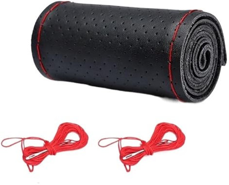 Auto Lenkradabdeckung Lenkradbezug Fürs Auto Rutschfestes Weiches Echtleder Mit Nadel Und Faden 38 cm Zopfmuster Lenkrad Autozubehör(with Hole Red)