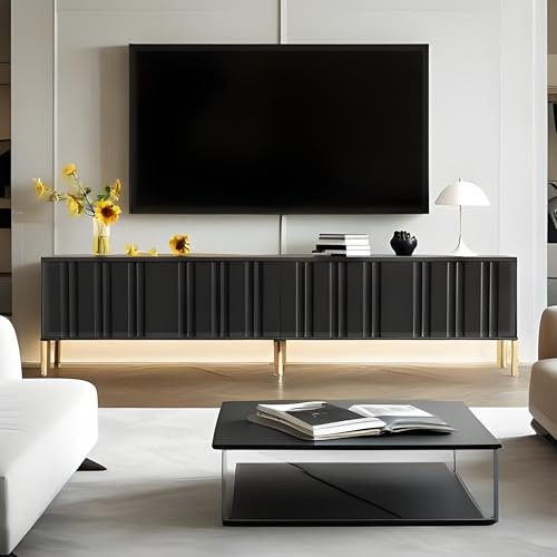 LANTRO JS TV Schrank Schwarz, TV Tisch mit Goldenen Beinen, Fernseher Tisch mit Vier Türen und Acht Regalböden, TV Lowboard Wohnzimmer, 190x38x48cm