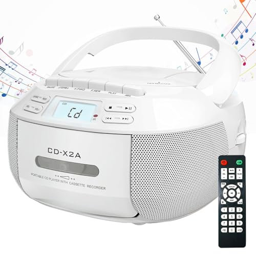 Lettore CD portatile con lettore di cassette, radio FM, riproduzione USB/AUX, suono stereo, telecomando, registrazione su nastro, alimentazione AC/DC