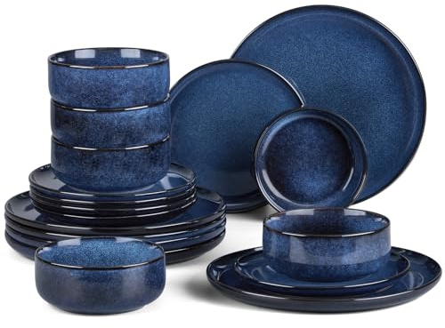 HaWare Service de table 18 pièces en grès émaillé réactif avec assiettes et bols, résistant aux éclats et aux rayures, passe au micro-ondes et au lave-vaisselle, bleu nébuleuses