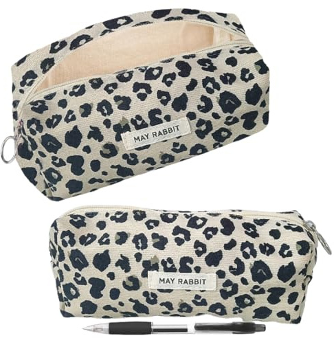 DIFLAX Mäppchen Cord-Stoff Federmäppchen Milchig mit Leopardenmuster für Mädchen Teenager Federtasche Stiftetasche Stiftemappe Pencil Case Schulmäppchen für Schule Büro