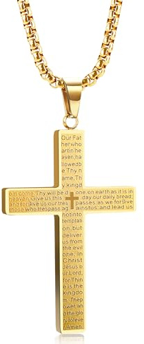CozyChique Non-Tarnish Stainless Steel Cross Pendant Necklace for Men Boys Women | Engraved Lord's Prayer Inspirational Christian Jewelry Gift for Christmas/Easter/Baptism/Confirmation 60cm Chain