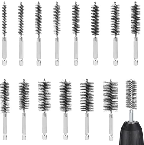 14 stycken trådborstar för borrmaskin, cylinderborste rostfritt stål 8–25 mm med sexkantsstång, värmepanna borste för polering, slipning, rostning, olika storlekar, cylinder trådborste