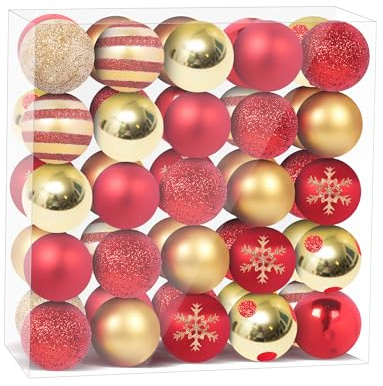 Christmas Tree Baubles Set, Norvens 50 Pcs Christmas Tree Decorations Ball Ornaments Shatterproof Christmas Decoration, 9 Styles 4 CM Matte and Glitter Xmas Hanging Decor, Gold and Red