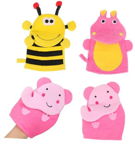 MUCKLILY Moufles Exfoliants pour Garçon et Filles Forme Cartoon en Coton Composite 3 Pièces Prise Confortable et Mousse Abondante Bain des Tout-petits Style Aléatoire