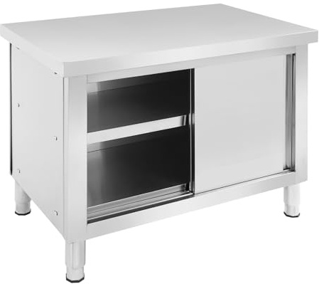 DCSYOG Arbeitsschrank mit Schiebetüren, Edelstahl Arbeitstisch mit Schrank, 100 x 60 x 80cm Küchenschrank Edelstahlschrank bis 300kg für Küche, Restaurant, Werkstatt und Garage