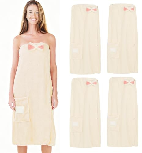4 Pcs Spa Wrap Towel for Women Soft Beige Spa Robe with Bow and Buttons Absorbent Plush Cotton Bath Towel Wearable Terry Cloth Sauna Robe Bathrobe for After Shower Wedding Bachelor Pajama Party