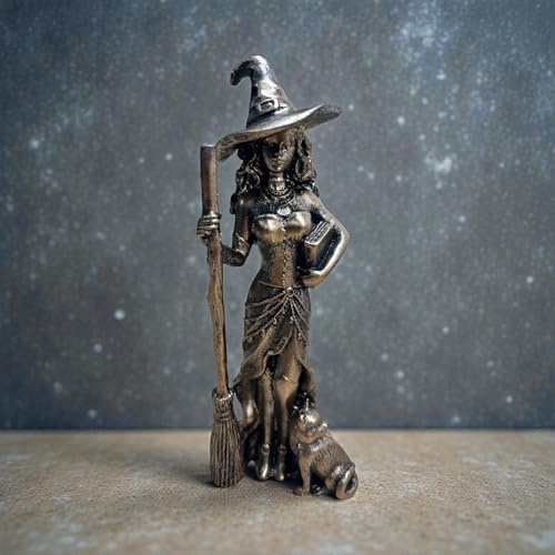 VADEINCIENSO Figura Decorativa de Bruja con Escoba y Gato, Acabado Metalizado, 20 cm, Estatuilla de Bruja con Sombrero Puntiagudo