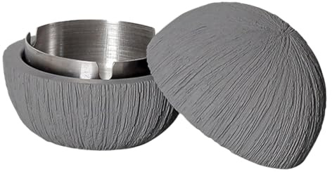 WGXIA Innen Außen Aschenbecher mit Deckel - Aschenbecher für Draussen Innen - Outdoor Minimalismus Schwarz Weiß Grau Edelstahl Liner Aschenbecher, Nordischer Stil (Grau Gehäuse - Silber Innere Galle)