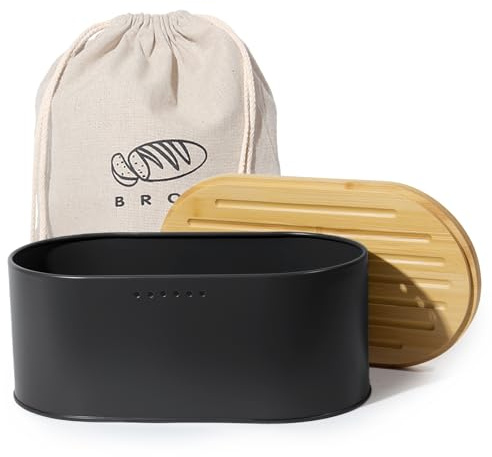 SYLANDO Brotkasten mit Großer Kapazität, Hochwertige Metall Brotbox, Die Aufbewahrung für noch länger frisches Brot, Deckel aus Ökologisches Bambus (8L-Schwarz-35 * 19,3 * 15,5CM)
