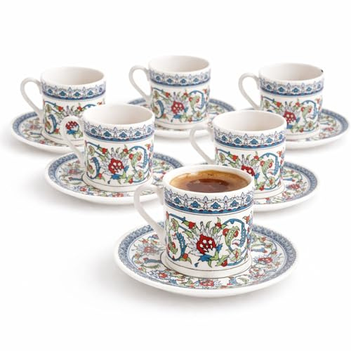 vienberg Türkisches Porzellan Kaffeeset 12-teilig für 6 Personen (85ml) - Espressotassen Set & Mokkatassen - Orient Iznik Design Floral - Porzellan Set für Türkischer Kaffee, Mokka & Espresso