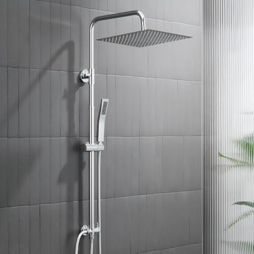 Auralum Colonne de Douche Sans Mitigeur Chrome en Laiton, Colonne Télescopique 68-108cm avec Tête de Douche Carrée 10, Douchette Carrée et Flexible PVC, pour Baignoire et Salle de Bain