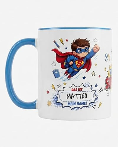 Tasse Schulkind 2026 mit Namen für Jungen Personalisiert Einschulung Superhero Geschenk für Erstklässler Schule Grundschule Geschenkidee Schulbeginn 2026 - D.Blau