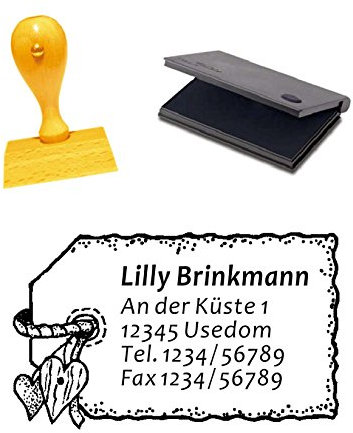Holzstempel mit Adresse « HERZ-ETIKETT » inkl. Stempelkissen - Abdruckgröße ca.: 5x3 cm