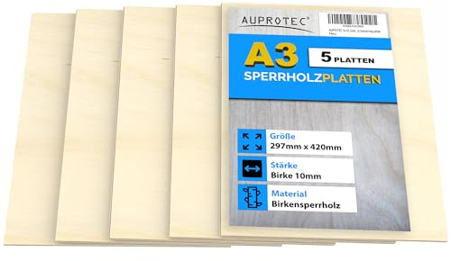 AUPROTEC 5x A3 Sperrholz-Platten Birke 10mm Multiplexplatten (297 mm x 420 mm) Bastel- und Laubsäge-Holzplatten Birke Massiv Multiplex Holz Industriequalität