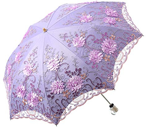 LCY Ladies Embroidered Lace Double-deck Anti-UV Parasol Umbrella Sun/Rain/Snow Folding Umbrella-Purple