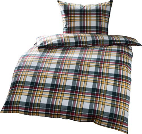 Bettwaesche-mit-Stil Warme Fein-Flanell Winter Bettwäsche Livigno Karo grün gelb rot kariert (135 cm x 200 cm + 80 x 80)