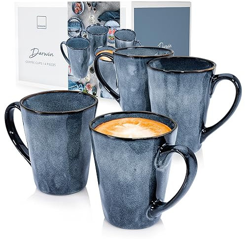 SÄNGER | Kaffeetassen Set Darwin 4 tlg, Kaffeebecher Set 4 Personen, Steingut Tasse Handmade, Kaffeebecher mit Henkel Spülmaschinenfest, Coffee Cups, Kaffeetasse Groß Blau 500 ml | PREMIUM COLLECTION