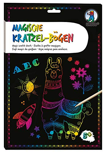Ursus 24554600F - Magische Kratzel, DIN A4, schwarz, mit Regenbogen Effekt, 10 Bogen 250 g/qm, inklusive 1 Bambusstift und Kratzanleitung, ideal als Geschenk, bunt