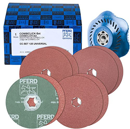 PFERD COMBICLICK Fiberscheiben-Set, 9-teilig / Korund Ø 125mm A36, 60, 80, 120 inkl. Stützteller / 42098001 – für universelle Anwendungen mit dem Winkelschleifer