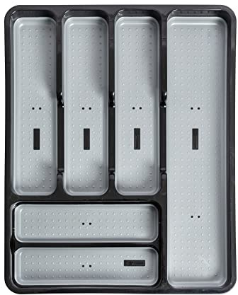 Addis Premium Soft touch 6 Compartment Cutlery Drawer Organiser Tray, Black & Grey 6 Sections