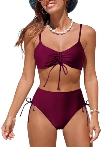 NLAND Mujer Conjunto de Bikini Push Up Establece Retro Empuja hacia Arriba con Acolchadas Traje de baño Dos Piezas Ropa de Playa(Vino Tinto,S)
