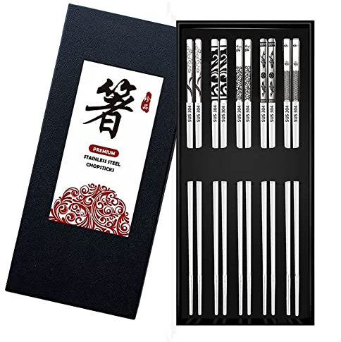 DONGDA Essstäbchen Wiederverwendbar, 5 Paar Edelstahl Essstäbchen, Anti-Rutsch Stäbchen Spülmaschinenfest Japanische Essstäbchen, Metall Essstäbchen Personalisiert Chopsticks Geschenkset