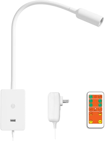 ENUOTEK LED Wall Mounted Reading Light, Bedside Book Lights with Wireless Remote Control for Bed, Flexible Bedroom Spot Lamp, Dimmable Neutral White 4000K Lighting, Timer Function, 5V 2A USB Output