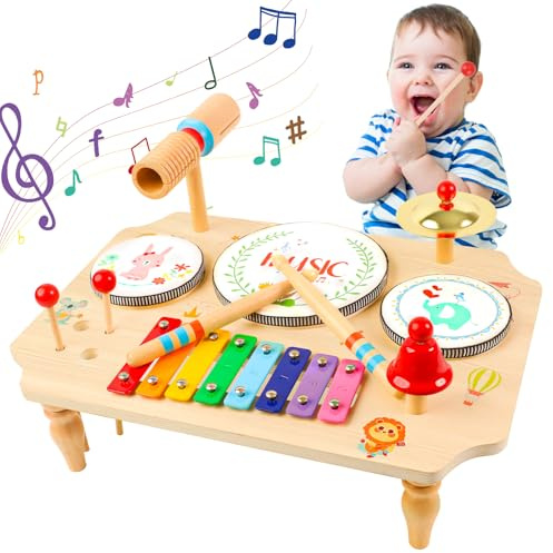 YGJT trummor barn, trumma 11-i-1 musikinstrument barn från 1 2 3 år med xylofon, Montessori babyleksak barnleksak träleksak för påsk jul gåva pojke flicka