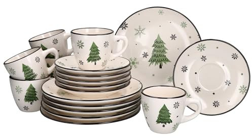 MamboCat Weihnachtsbaum 18tlg Kaffeeservice I Steingut-Kaffeeset für 6 Personen mit Tannenbäumen & Schneeflocken I Je 6x Kaffeetassen 150ml, Untertassen & Kuchenteller für Weihnachten & Nikolaus