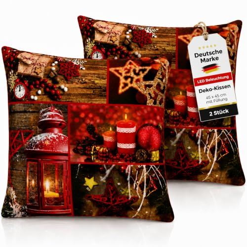 LED Deko-Kissen 45 x 45 cm mit Füllung - 2 Stück im Set - inkl. Beleuchtung - Leuchtkissen - Weichnachten - Winter - Zierkissen - Deko-Kissen - Kissenbezüge - Super Weich - Motiv : 5 Bilder rot