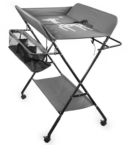 Mesa para Cambiar Pañales Plegable con Ruedas, Estación para Cambiar Pañales Ajustable Cambiador de Pañales Plegable Portátil Bebé con Rejilla Inferior Cesta Lateral Barra para Ropa (Gris)