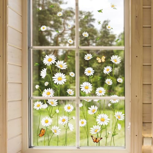 JarThenaAMCS Spring Summer Daisy Window Clings Butterfly Floral Window Stickers Double-Side Flower Glass Decals for Home Office School Classroom Party Shop Display Decorations,9 Sheets