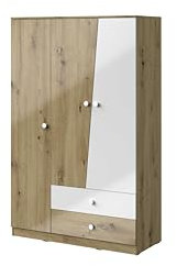MINIO go for it - Kleiderschrank Nantes, 120x190x50 cm, Schrank mit 3 Türen und 5 Einlegeböden, Garderobenschrank Schubladen x2, Kleiderschränke, Artisan Eiche/Weiss Hochglanzfronten