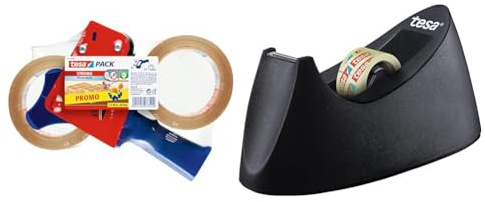 tesa Paketband-Abroller und tesapack Paketbänder im Set & Easy Cut Tischabroller CURVE - rutschfest, einfache Handhabung, sauberer Schnitt